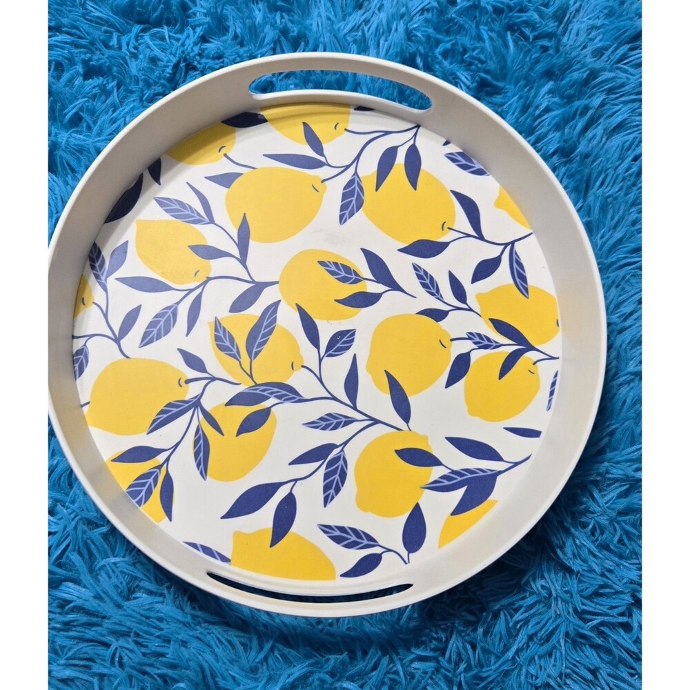 True Living 11.89in Round Plastic Serving Tray Lemon Print w/ Handles that Spins